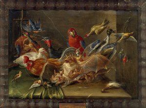 Composición Decorativa de Naturaleza Muerta con Pájaros y Dos Murciélagos